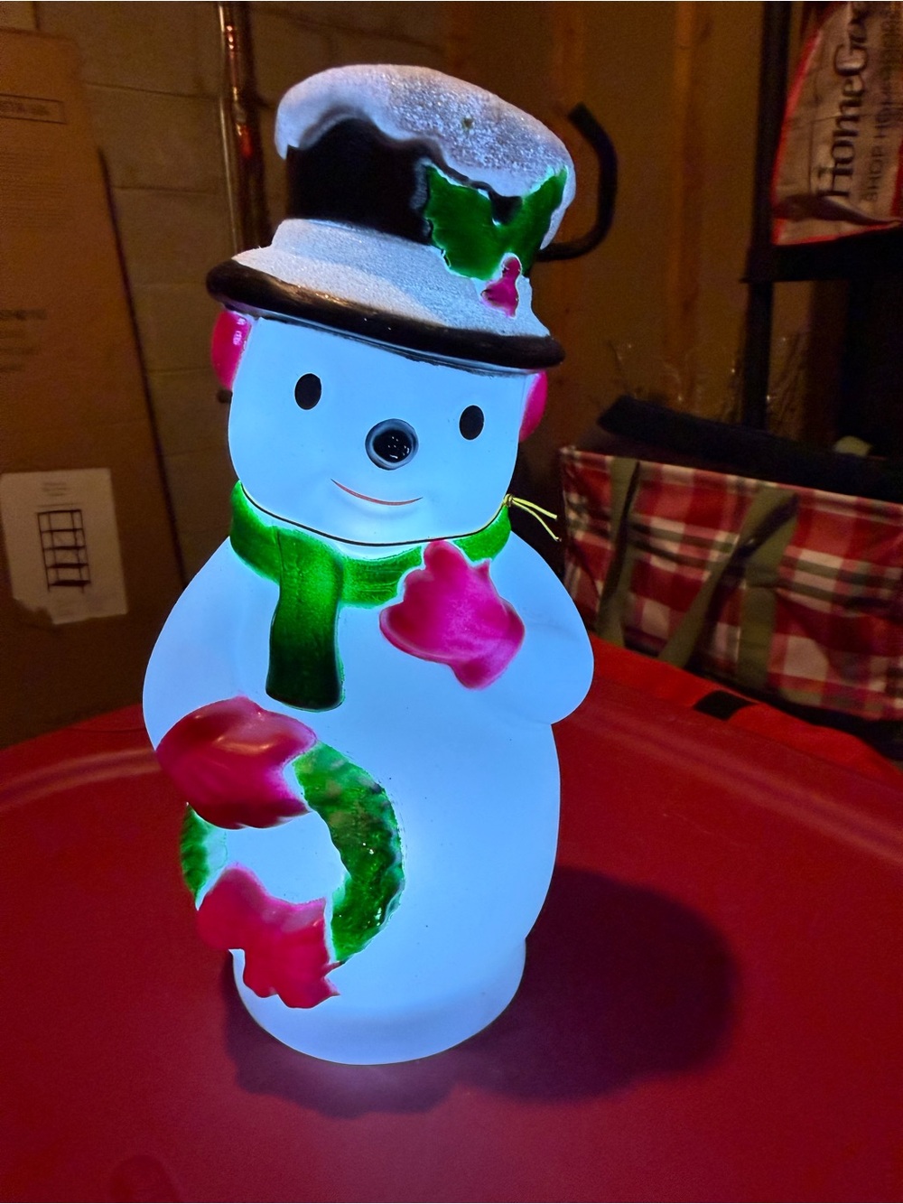 Lighted Snowman Holiday Figurine with Green Scarf and Red Accents - Mini Mold